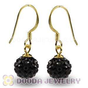 8mm Black Czech Crystal Ball Gold Plated Sterling Silver Hook Earrings