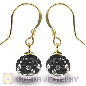 8mm Black-White Czech Crystal Ball Gold Plated Sterling Silver Hook Earrings