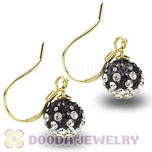 8mm Black-White Czech Crystal Ball Gold Plated Sterling Silver Hook Earrings