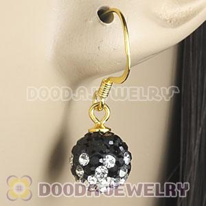 8mm Black-White Czech Crystal Ball Gold Plated Sterling Silver Hook Earrings