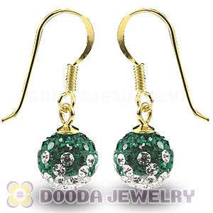 8mm Green-White Czech Crystal Ball Gold Plated Sterling Silver Hook Earrings