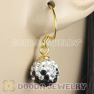8mm Black-White Czech Crystal Ball Gold Plated Sterling Silver Hook Earrings