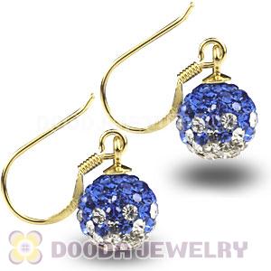8mm Blue-White Czech Crystal Ball Gold Plated Sterling Silver Hook Earrings