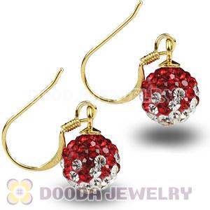 8mm Red-White Czech Crystal Ball Gold Plated Sterling Silver Hook Earrings