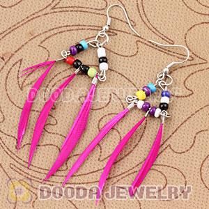 Fashion Pink Tibetan Jaderic Indianstyles Mix Bead Feather Earrings