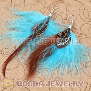 Long Blue Tibetan Jaderic Bohemia Styles Grizzly Feather Earrings