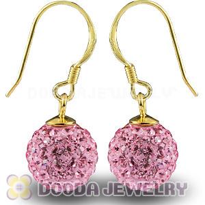 10mm Pink Czech Crystal Ball Gold Plated Sterling Silver Hook Earrings
