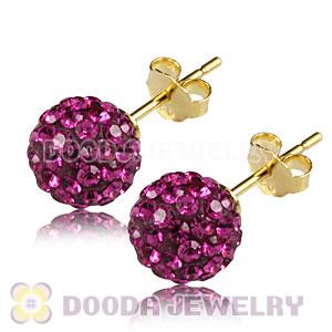 8mm Magenta Czech Crystal Ball Gold Plated Silver Stud Earrings Wholesale