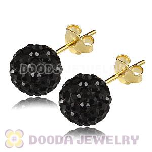 8mm Black Czech Crystal Ball Gold Plated Silver Stud Earrings Wholesale