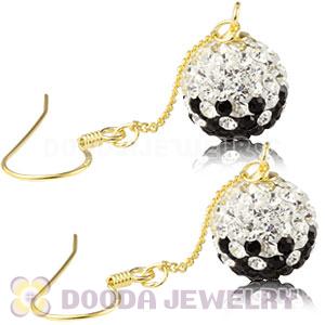 10mm Black-White Czech Crystal Ball Gold Plated Silver Dangle Earrings Wholesale