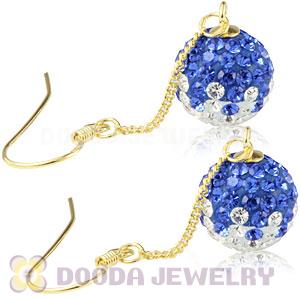 10mm Blue-White Czech Crystal Ball Gold Plated Silver Dangle Earrings Wholesale