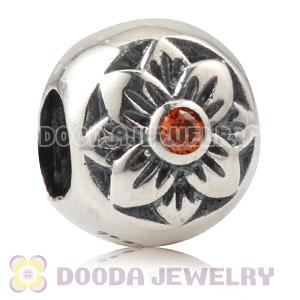 Antique Sterling Silver Flower Charm Beads With Orange Stone