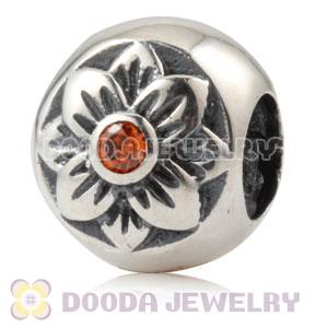 Antique Sterling Silver Flower Charm Beads With Orange Stone