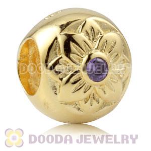 Gold Plated Sterling Silver Flower Charm Beads With Purple Stone