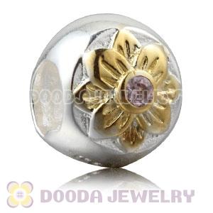 Gold Plated Sterling Silver Flower Charm Beads With Pink Stone