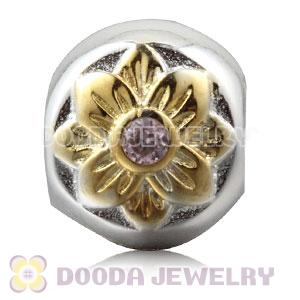 Gold Plated Sterling Silver Flower Charm Beads With Pink Stone
