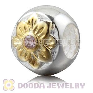 Gold Plated Sterling Silver Flower Charm Beads With Pink Stone