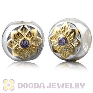 Gold Plated Sterling Silver Flower Charm Beads With Purple Stone