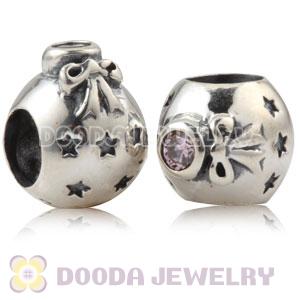 Sterling Silver Christmas Ball Beads With Pink Stone
