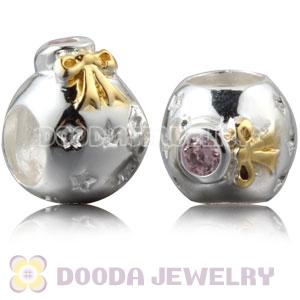 Gold Plated Sterling Silver Christmas Ball Beads With Pink Stone