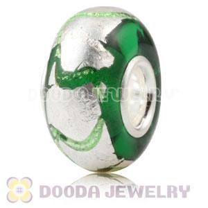 Green Ribbon Silver Foil Glass Charm Beads With Sterling Silver Single Core
