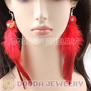 Red Ball Tibetan Jaderic Bohemia Long Feather Earrings Wholesale