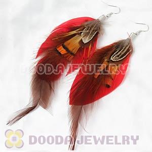 Red Tibetan Jaderic Bohemia Grizzly Feather Earrings Wholesale