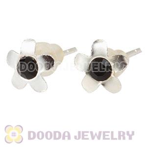 Sterling Silver Fashion Flower With Black CZ Stud Earrings