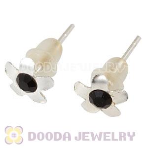 Sterling Silver Fashion Flower With Black CZ Stud Earrings