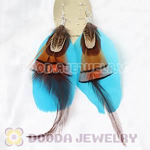 Cyan Tibetan Jaderic Bohemia Grizzly Feather Earrings Wholesale