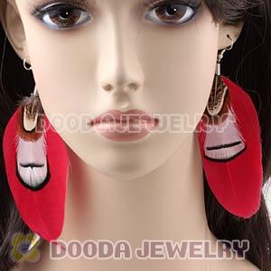 Red Tibetan Jaderic Bohemia Grizzly Feather Earrings Wholesale