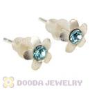 Sterling Silver Flower With Cyan CZ Stud Earrings Wholesale