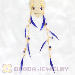 Blue Long Feather Earrings With Beads Wholesale