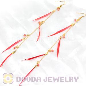 Pink Long Feather Earrings With Beads Wholesale