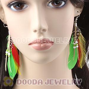 Green Tibetan Jaderic Indianstyles Feather Earrings With Beads Wholesale