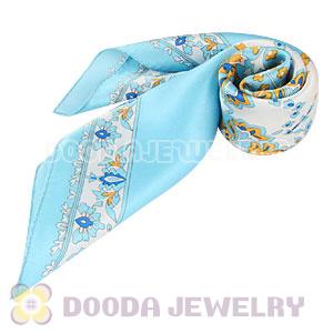 Blue Printed Floral Silk Scarf 50X50cm Small Square Satin Pure Silk Scarves Wholesale