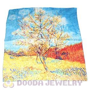 Pure Silk Scarves 65×65cm Van Gogh's Peach Tree in Bloom Medium Square Silk Scarf Shawls