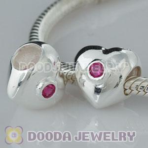 Sterling Silver Charm Heart Beads with Red Stone