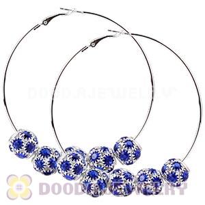 70mm Basketball Wives Hoop Earrings With Blue Crystal Ball Beads 