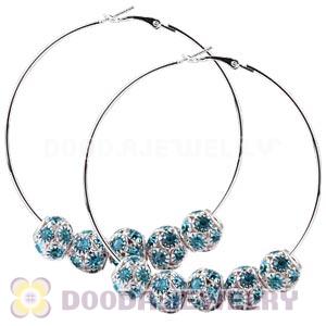 70mm Basketball Wives Hoop Earrings With Cyan Crystal Ball Beads 