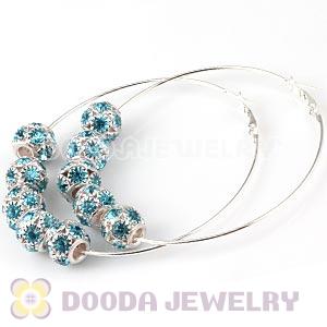70mm Basketball Wives Hoop Earrings With Cyan Crystal Ball Beads 