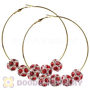 70mm Basketball Wives Hoop Earrings With Red Crystal Ball Beads 