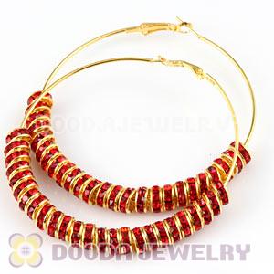 70mm Gold Basketball Wives Red Crystal Spacer Hoop Earrings Wholesale 