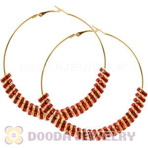 70mm Gold Basketball Wives Red Crystal Spacer Hoop Earrings Wholesale 