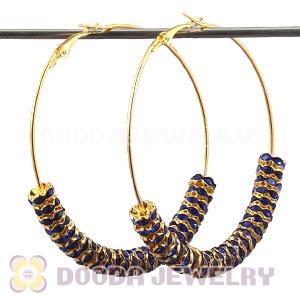 70mm Gold Basketball Wives Blue Crystal Spacer Hoop Earrings Wholesale 