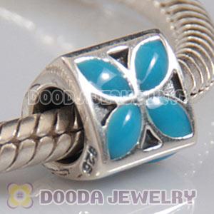 925 Sterling Silver Jewelry 4 Petal Flower Bead with Blue Enamel