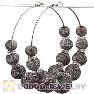 90mm Black Basketball Wives Mesh Hoop Earrings With Spacer Beads Wholesale