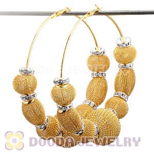 80mm Gold Basketball Wives Mesh Hoop Earrings With Spacer Beads Wholesale