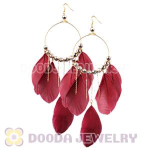 Red Basketball Wives Feather Hoop Earrings With Beads Wholesale