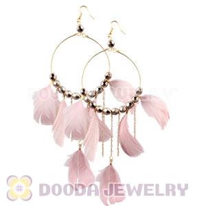 Pink Basketball Wives Feather Hoop Earrings With Beads Wholesale